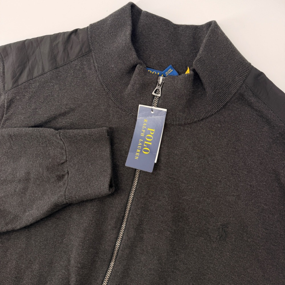 Polo Ralph Lauren Full Zip Sweater Men 3XLT‎ Grey Quilted Shoulder Mock Neck New